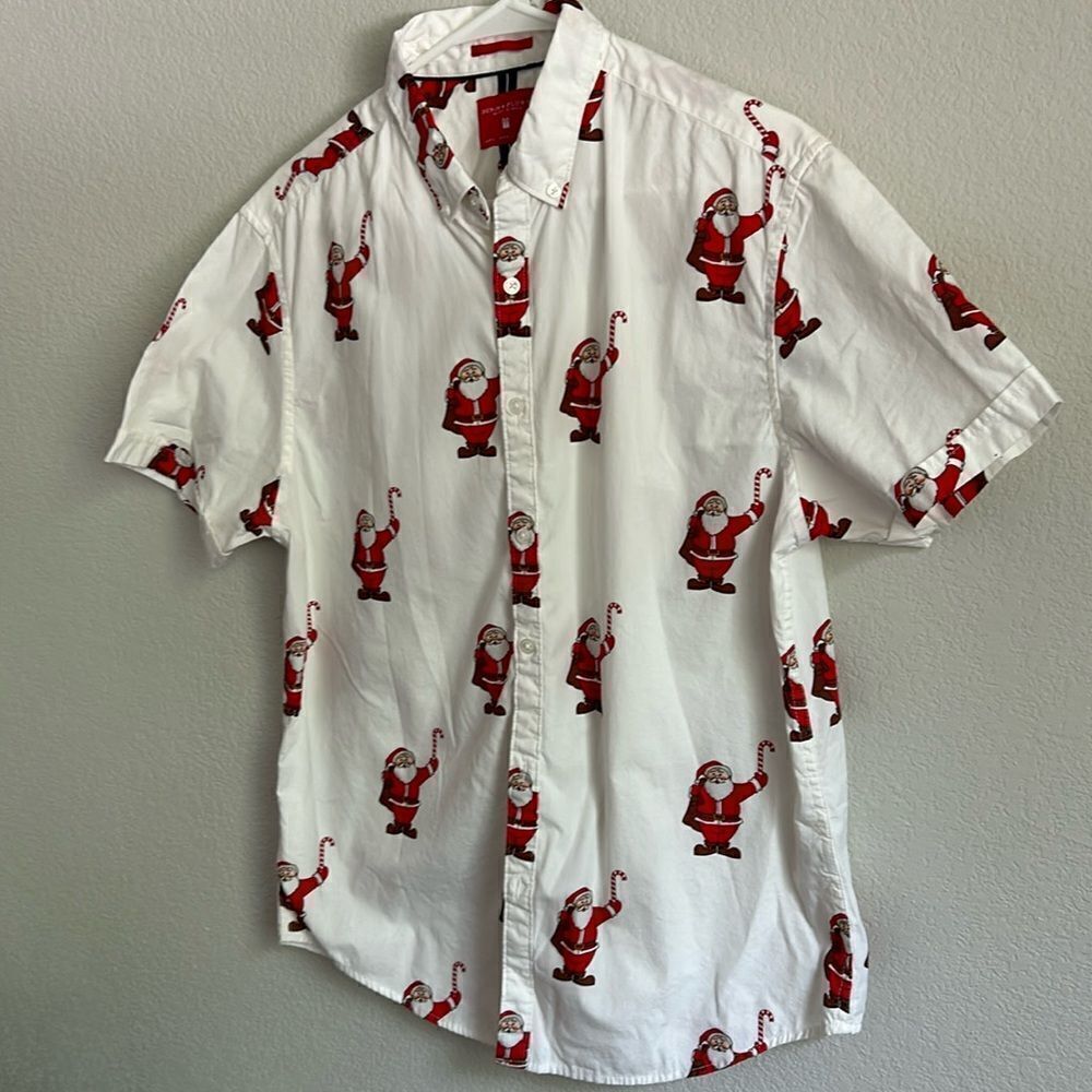 Denin Flowers Ricky Singh button down Men’s shirt shirt sleeve sz L Xmas motive